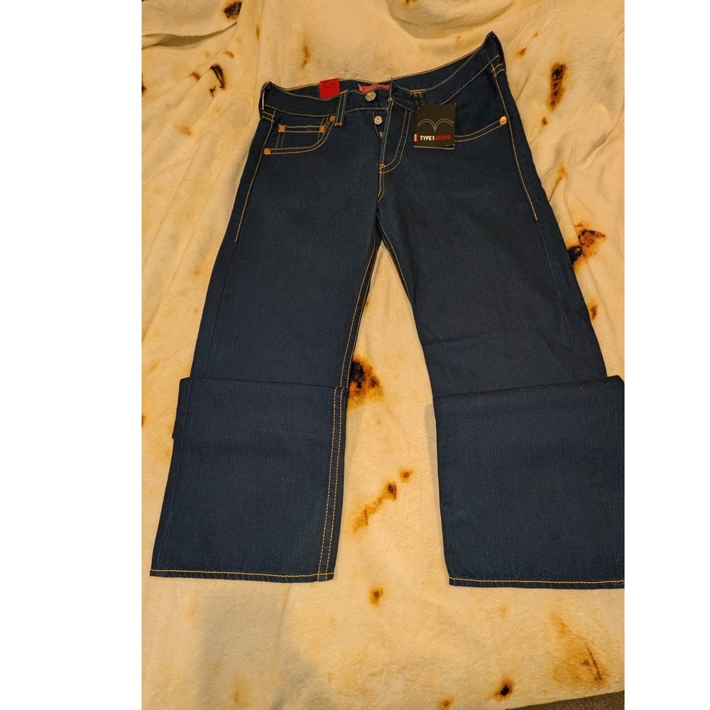 Levis Type 1 Iconic Straight Jeans Mens 34x32‎ Dark Wash Blue Denim Button Fly